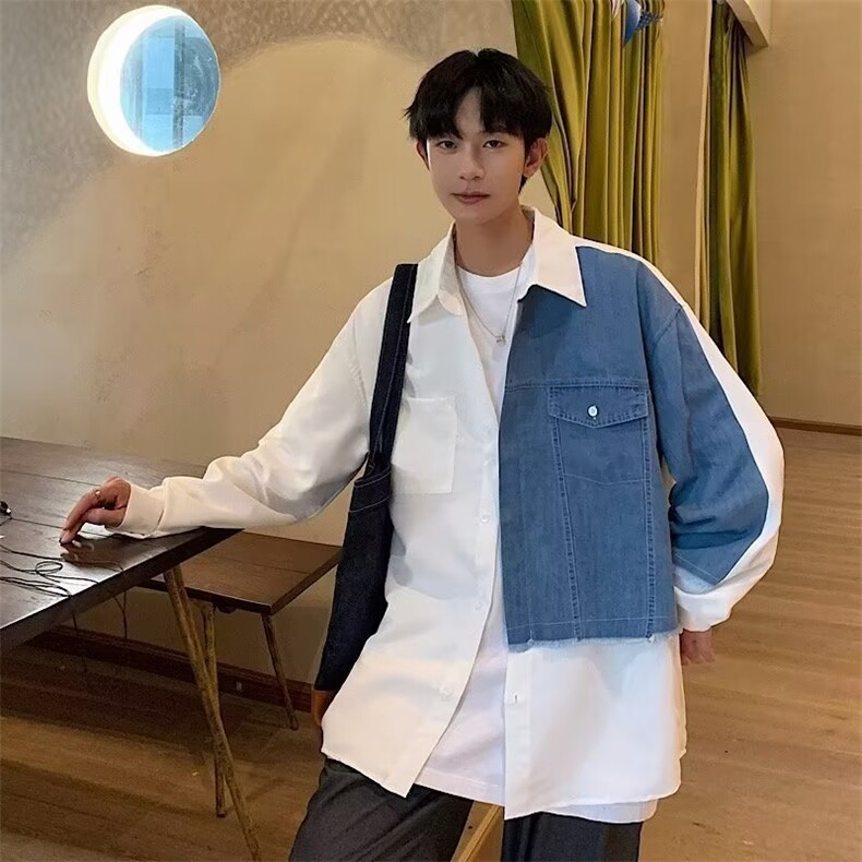 2023港风文艺撞色长袖衬衫男春秋宽松潮流衬衣,男装衬衫,星座716-4