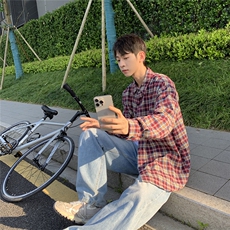 B413-1-DX843潮牌宽松纯棉衬衣男女款长袖格子衬衫休闲外套控89，男装衬衫，电商B413-1