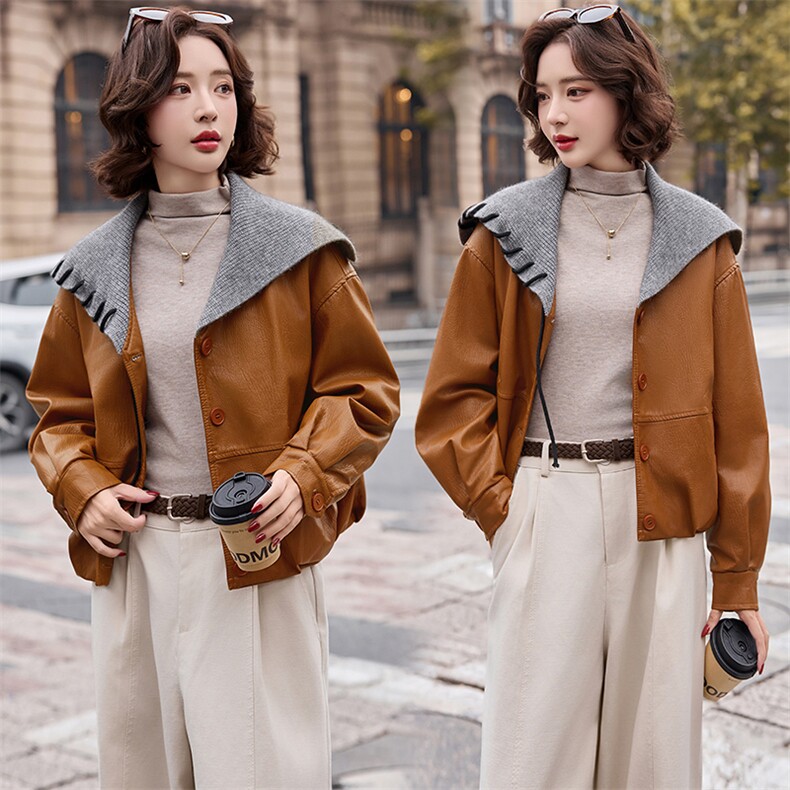 2025冬装新款简约时尚拼接加绒皮衣外套，女装皮衣，魅丽静蓝