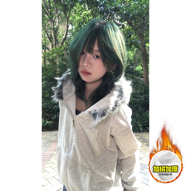 480G重磅加绒硬挺boxy秋冬美式高街超大毛领座山雕连帽卫衣厚外套,女装短外套,电商A486