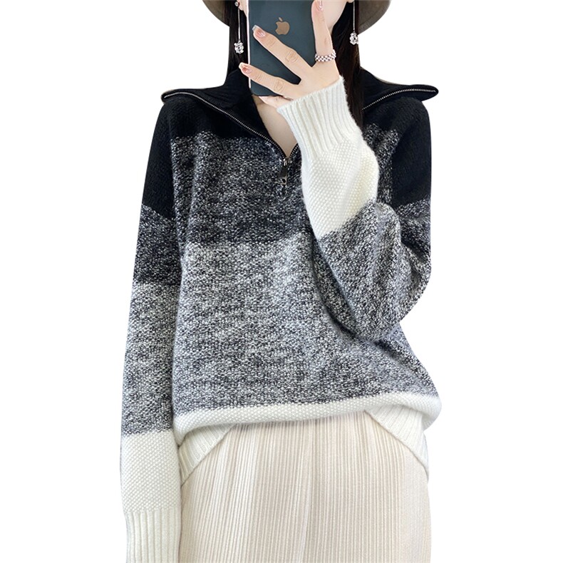 秋冬高领拼色衫女宽松慵懒加厚羊毛衫拉链高翻领花纱打底毛衣,女装羊毛衫,丽特绒