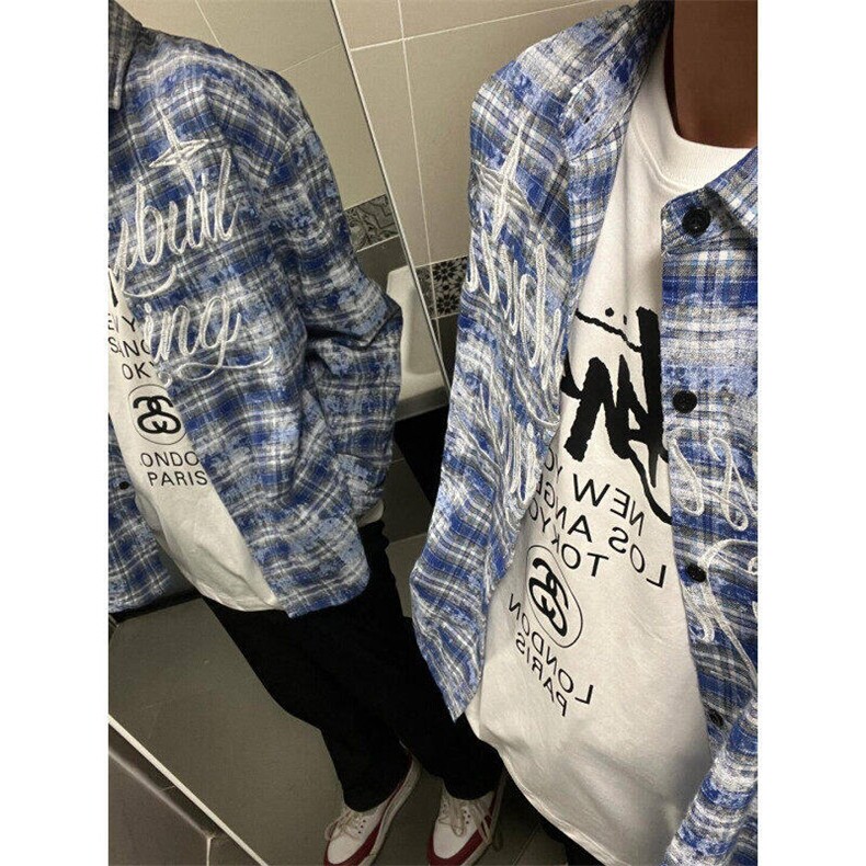 扎染刺绣格子衬衫男美式高街长袖衬衣高级设计感外套WLC1800-P39,男装衬衫,星座1008