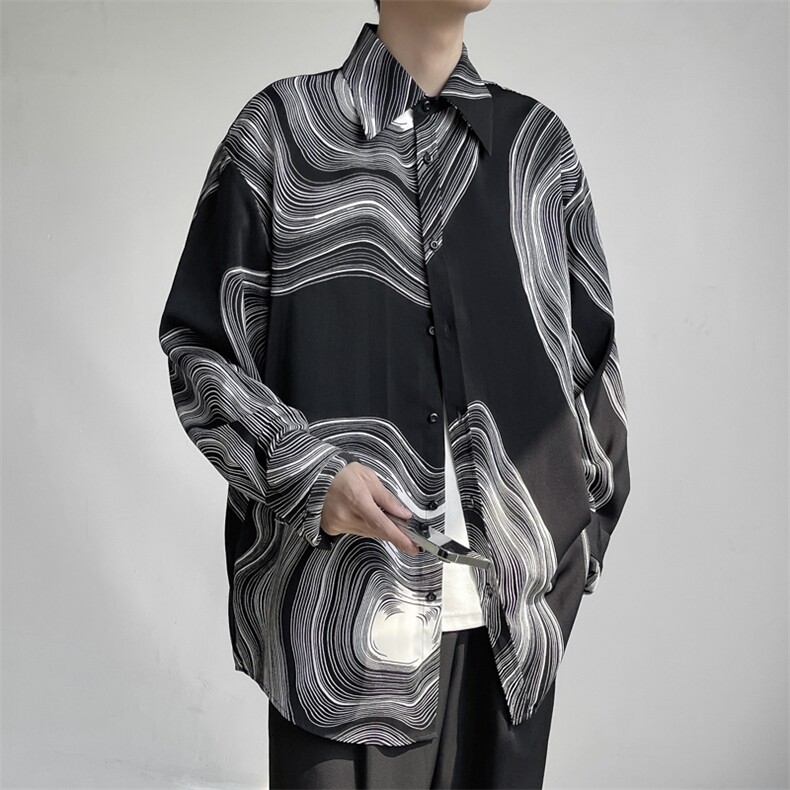 休闲男士高级感上衣冰丝衬衫男港风痞帅水墨设计感花衬衣CS99-P36，男装衬衫，星座308B-2