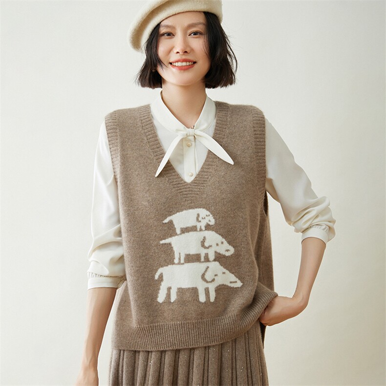 可爱三只小狗图案羊毛马甲女宽松显瘦V领无袖针织背心外套秋冬季，女装马甲，迎冬羊绒