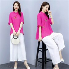 2021夏季新款简约气质圆领时尚图案刺绣复古盘扣装饰棉麻两件套，女装套装/套裙，韩宇舍