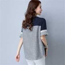 新款韩国版型木耳边短袖蕾丝纯棉撞色条纹T恤930款，女装T恤，秋牧寒烟