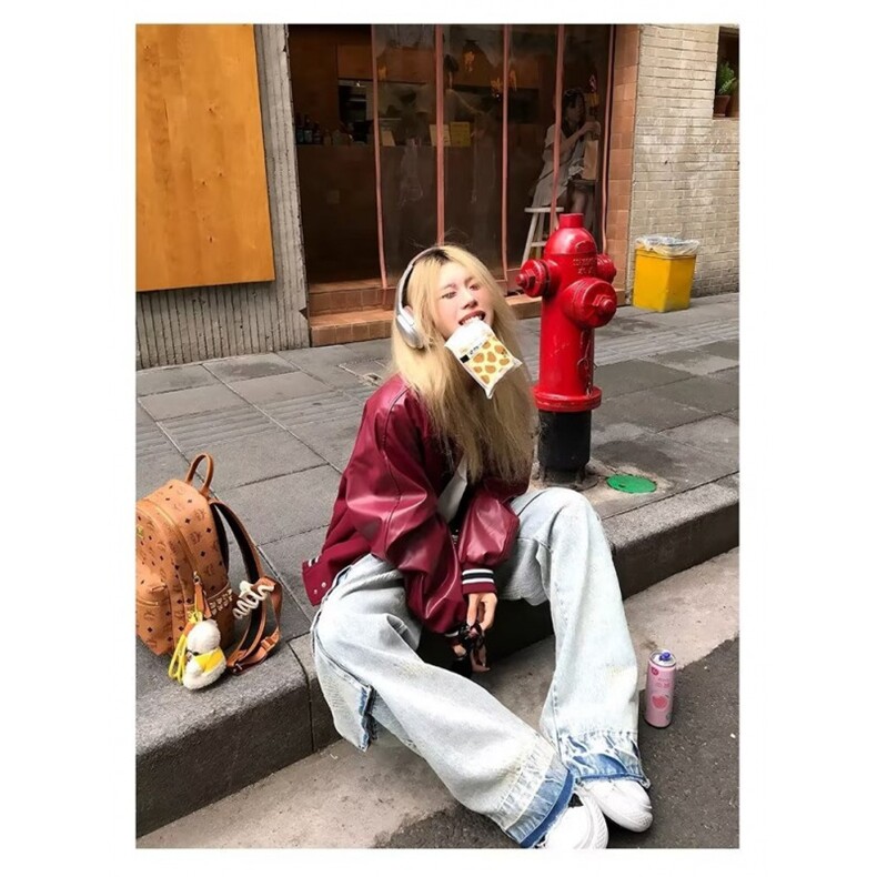 美式复古红色拼接皮衣夹克男女翻领机车棒球服外套秋季LB9344-P69,男装皮衣,星座1008