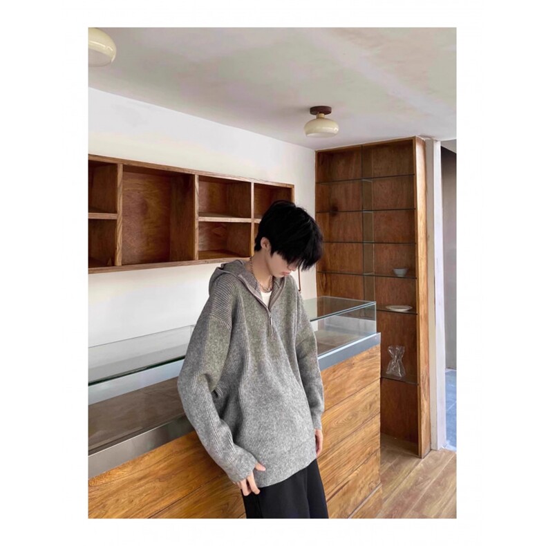 韩版复古灰色半拉链连帽毛衣男秋冬宽松oversize慵懒风针织衫外套,男装针织衫/毛衣,星座506A
