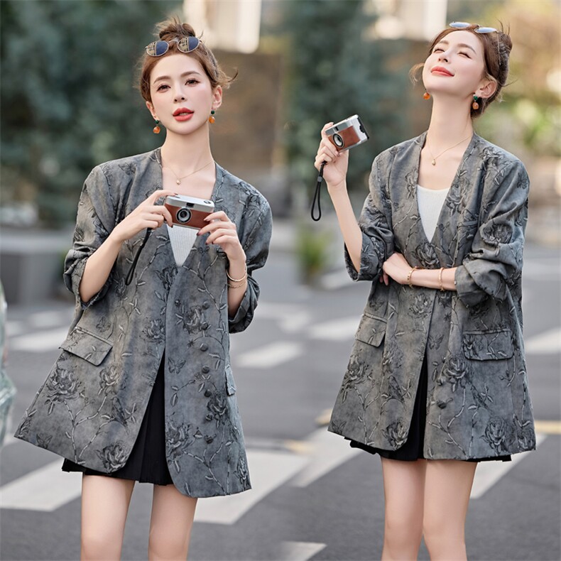 水衣源792款立体印花无领宽松潮品西装外套女，女装西装，水衣源