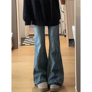 美式复古微喇叭牛仔裤女春秋新款高腰宽松显瘦百搭直筒拖地裤子潮图片