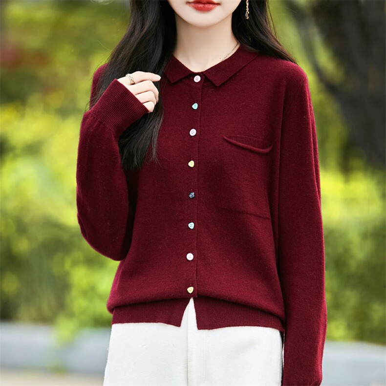 24秋冬100%纯羊毛POLO领针织开衫上衣女气质翻领长袖保暖毛衣外套,女装羊毛衫,暖烁羊绒