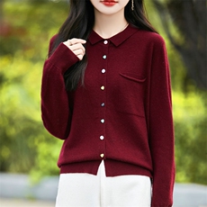 24秋冬100%纯羊毛POLO领针织开衫上衣女气质翻领长袖保暖毛衣外套，女装羊毛衫，暖烁羊绒