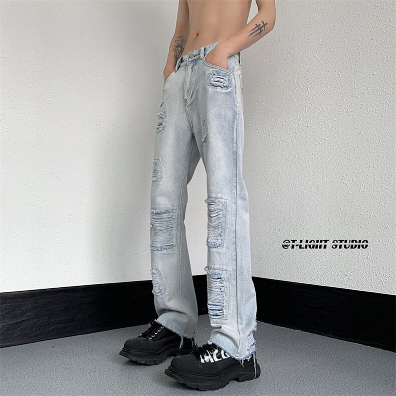 B221美式ins高街暗黑小众修身微喇破洞牛仔裤LK23055-P65控88,男装牛仔裤,电商B221
