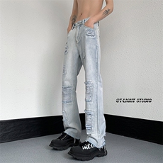 B221美式ins高街暗黑小众修身微喇破洞牛仔裤LK23055-P65控88，男装牛仔裤，电商B221
