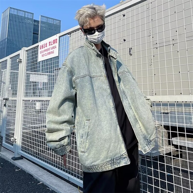 立领水洗牛仔外套男款美式痞帅小众宽松夹克港风潮牌ins百搭上衣,男装工装外套,星座410-6（原星座1304-1）