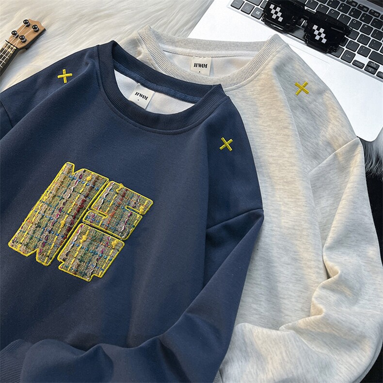 套头长袖美式潮流复古绣花卫衣男春秋圆领宽松情侣上衣W6124-P40,男装卫衣,星座308B-1