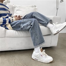 牛仔裤男直筒宽松ins潮流情侣口袋破洞休闲九分裤子秋季N2093-P40，男装牛仔裤，星座1008-1