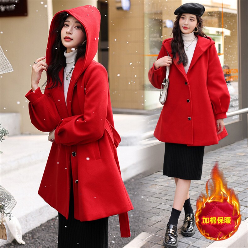 冬季单排扣连帽纯色简约时尚减零斗篷小个子加棉保暖外套送腰带，女装双面呢大衣，韩美纤衣