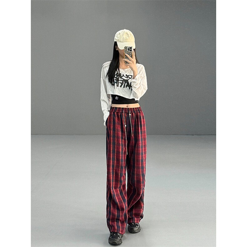 现货自家图美式红色格子毛呢宽松直筒阔腿休闲裤K661-P50控68，男装休闲裤，星座205-5