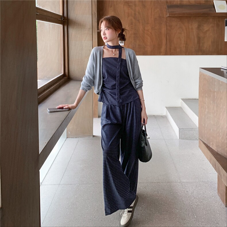 洋气时髦设计感复古格纹套装女2026春夏新款开衫吊带阔腿裤三件套,女装套装/套裙,艾米莉亚