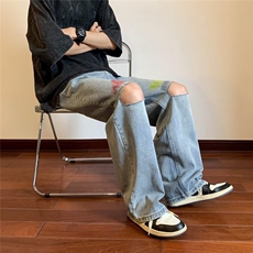 美式破洞牛仔裤男手绘个性高街帅气2024夏季ins宽松长裤NK919-P45，男装牛仔裤，星座1109-3