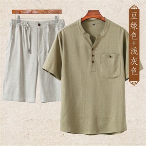 主推款高端夏男士唐装中年棉短袖麻套装中老年高品质亚麻短袖T恤图片