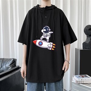 LD54158-P45 连帽短袖t恤男大码胖子带帽五分袖中袖图片