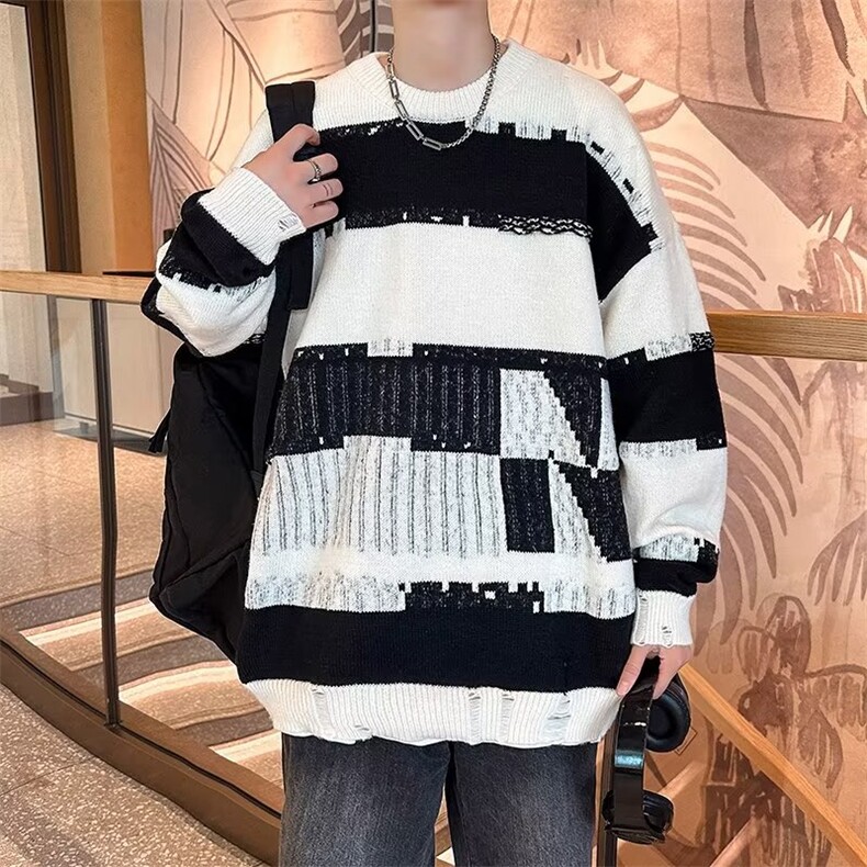 港风秋款男针织衫圆领套头毛衣条纹破洞休闲打底外套M698-P43,男装针织衫/毛衣,星座1109-3