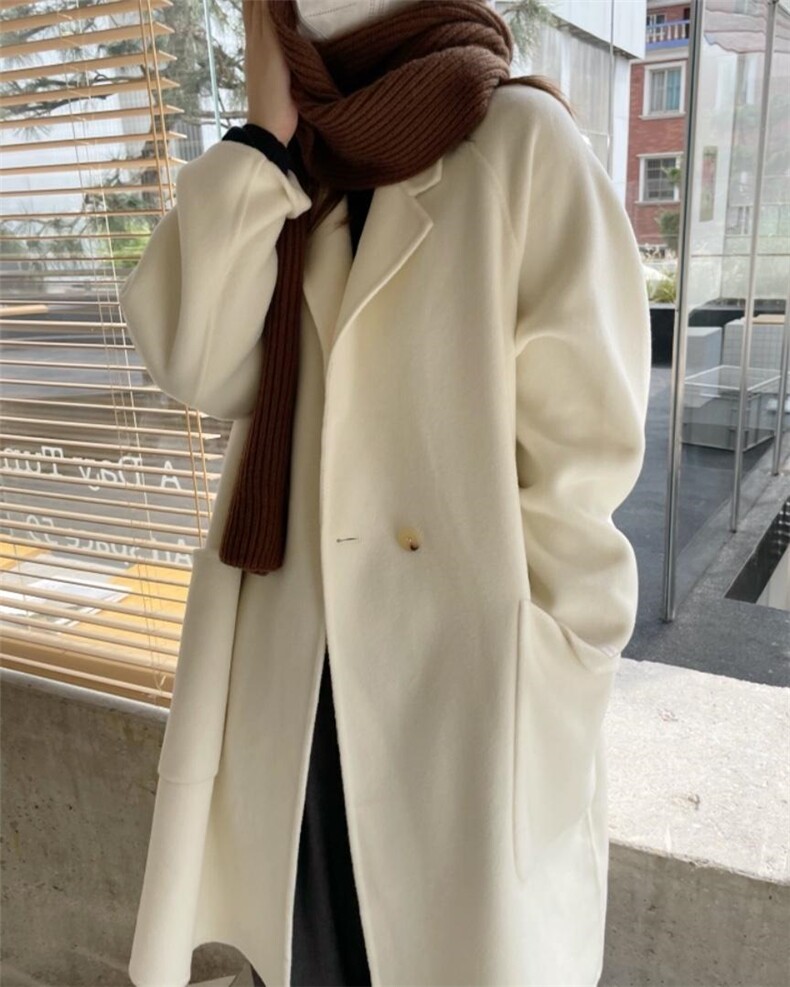秋冬新款简约翻领中长款两粒扣大口袋羊绒大衣，其它，HJ