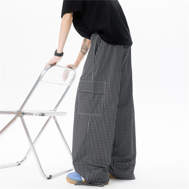 8XL-M复古蓝色格子裤男垂感拖地遛弯裤直筒冰丝阔腿裤K9129P58,男装休闲裤,电商D206-1