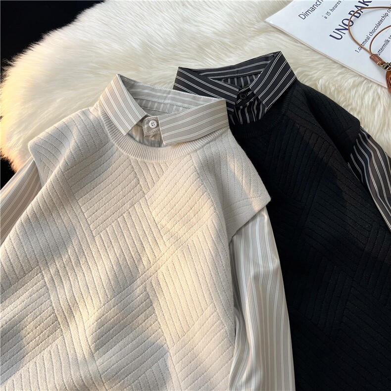 高品质男士假两件加绒衬衫领新款刺绣针织打底衫CS63=p68，男装T恤，电商B278