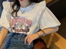 夏季印花木耳边T恤，女装T恤，简蔻