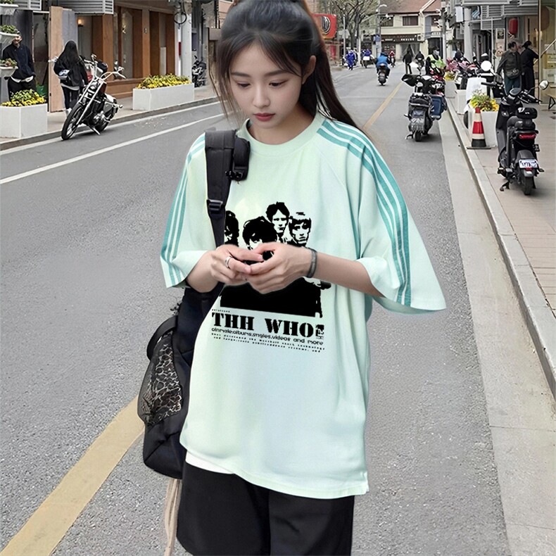 抖音得物品质二开240克宽松纯棉美式潮牌印花三条杠中性风短袖T恤,男装T恤,电商A486-1