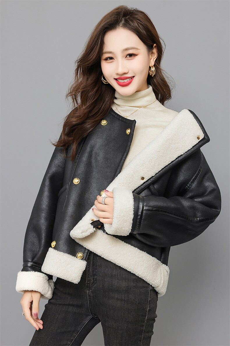 外套女韩版时尚单排扣简约百搭加绒整件宽松加厚甜美外套,女装羊羔毛/颗粒绒,曼沙奕珂