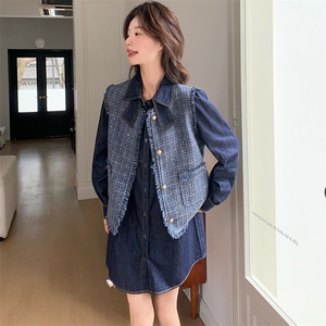 韩系穿搭小香风马甲套装女2025秋新款高级感洋气牛仔连衣裙两件套图片