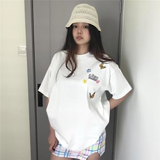 花卉字母刺绣短袖t恤女夏季设计感小众美式复古潮牌上衣，男装T恤，星座1210-1