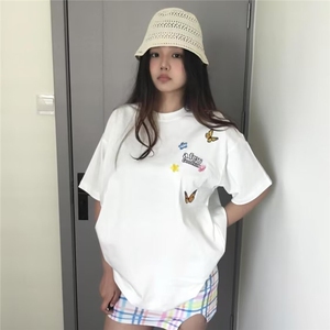 花卉字母刺绣短袖t恤女夏季设计感小众美式复古潮牌上衣图片
