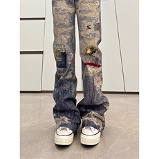 阔腿破洞牛仔裤男女设计小众夏显瘦做旧涂鸦垂感直筒裤AMM103P58，男装牛仔裤，星座1013-5