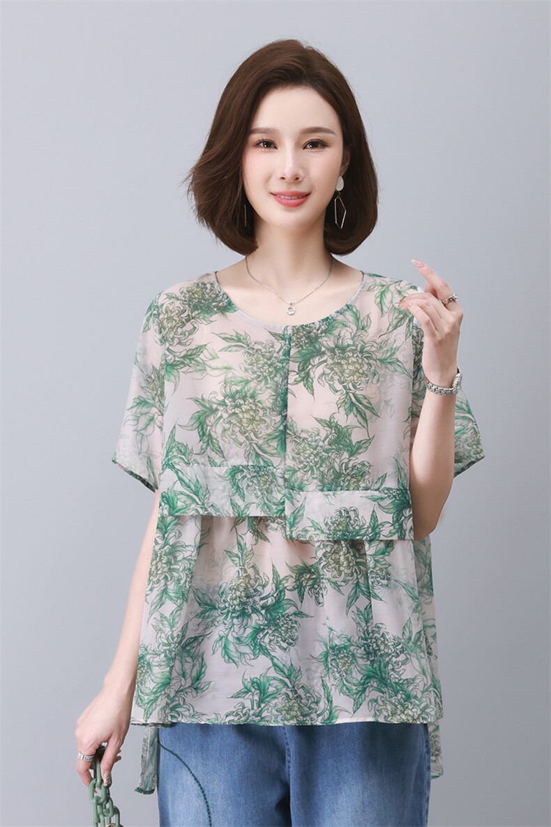 时尚宽松印花短袖衬衫舒适休闲百搭上衣,女装衬衫,叶笙衣