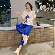 2022夏季时尚运动套装女宽松休闲白搭两件套短袖T恤薄款夏季卫裤，女装套装/套裙，梦懿尔