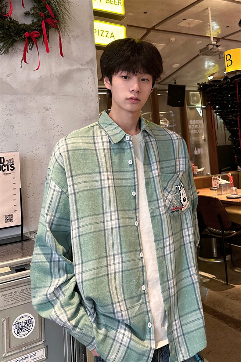 8XL-M小狗格子衬衫男长袖2025春情侣款寸衣宽松衬衣CS519P58控78,男装衬衫,电商D206-1