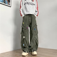 高质量工装休闲裤男女美式刺绣花朵大口袋2025夏ins长裤K6167-P77，男装休闲裤，星座412-3