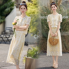 泡泡袖刺绣时尚套装女2025夏季新款优雅上衣半身裙两件套，女装套装/套裙，雅静靓衣