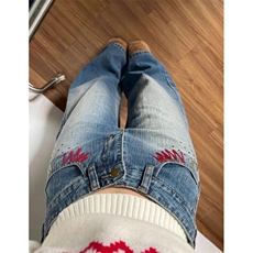 复古蓝刺绣阔腿牛仔裤女秋冬新款烫钉宽松显瘦拖地裤子NH03，男装牛仔裤，星座1116A（原606A-3）