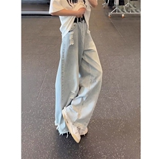 【有货】DBK3062-批55浅蓝色毛边破洞牛仔裤男女款夏季新款时尚，男装牛仔裤，星座603-2