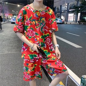 TZ203男女休闲东北大花短袖圆领T恤衫短裤可套装单选团队服风图片