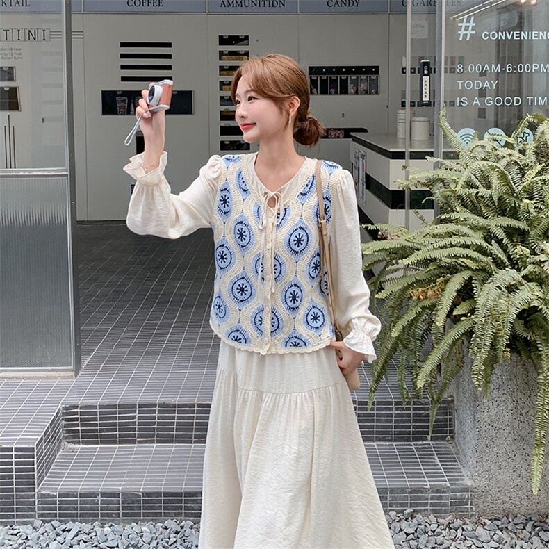 蓝色蕾丝针织马甲连衣裙两件套女春秋2025新款绝美流行超火两件套,女装套装/套裙,2C010