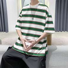 现货2025夏季港风条纹宽松短袖T恤衫男潮流上衣D201-DM511-P30，男装T恤，电商D321-1