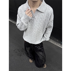 老钱风纯色翻领麻花毛衣宽松休闲百搭情侣针织衫M50816TP55，男装针织衫/毛衣，电商A247