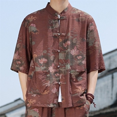 2025春季新款风男装盘扣新中式唐装古畫印花衬衫C113-P50，男装衬衫，电商B277(原6028)